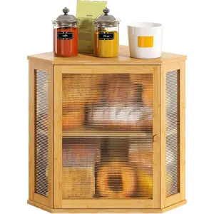 Corner Bread Box, Large Bamboo Bread Box for Countertop, 2 Tier Wooden Bread (Natural, Large)