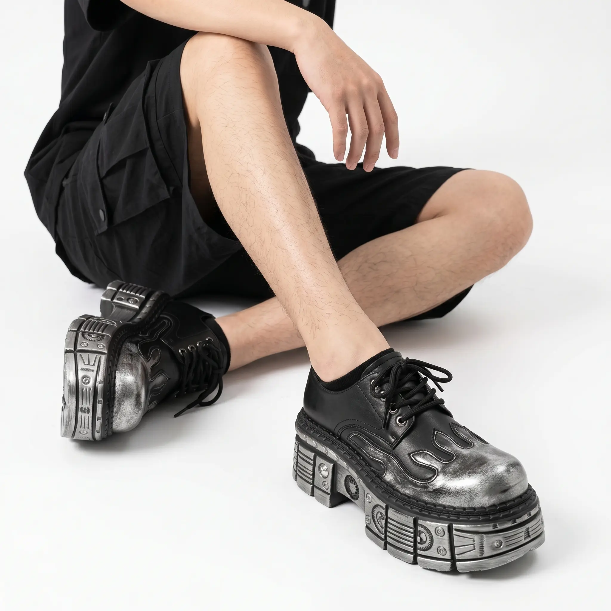 Retro Thick-Sole Flame-Pattern Lace-Up Men's Shoes Punk Style Height-Increasing Casual Leather Shoes Wear-Resistant Non-Slip Unique Trendy Shoes Perfect For Daily Street Style Must-Have For Fashion Men Durable Comfortable Stylish Footwear