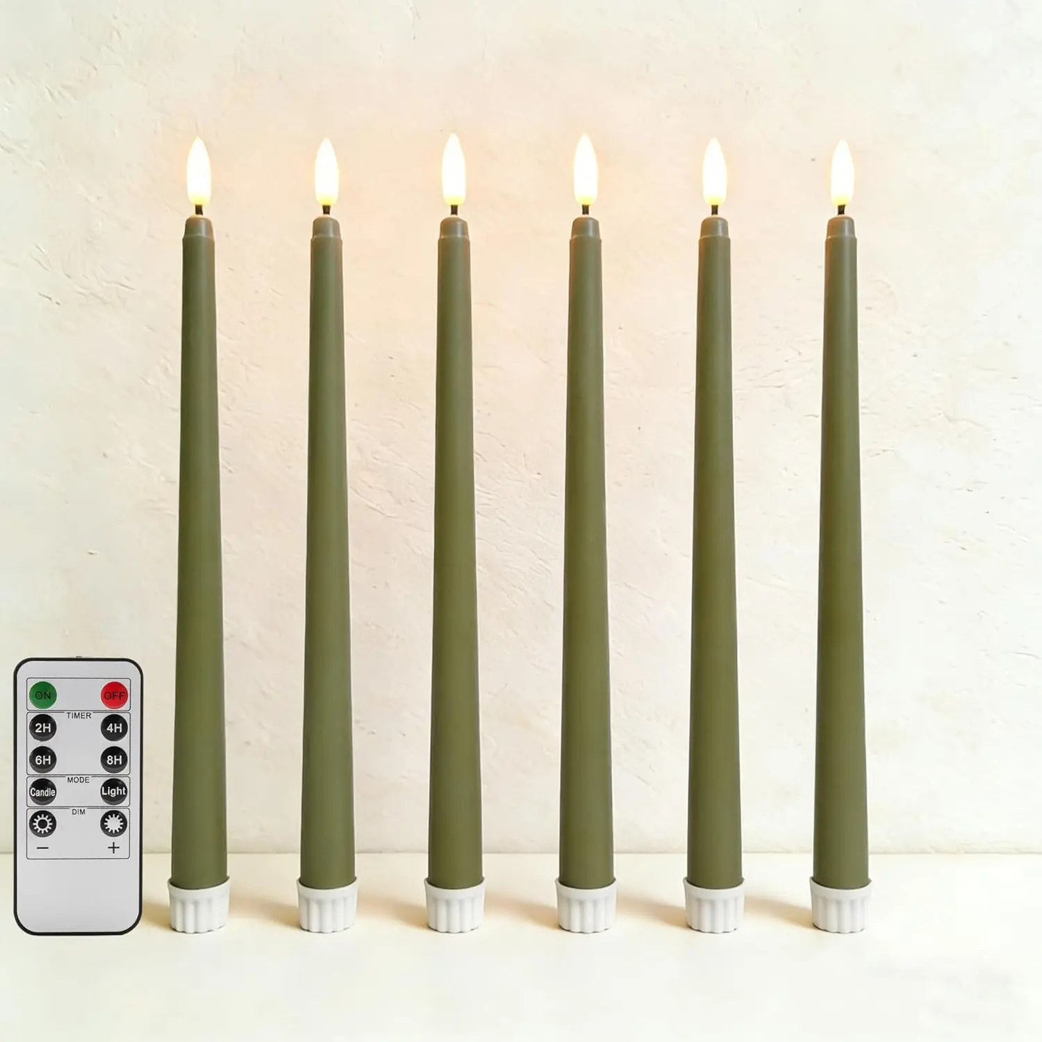 Olive Green Flameless Taper Candles with Remote, Rlistic Flickering Battery LED Candlesticks Home Decor t of 6