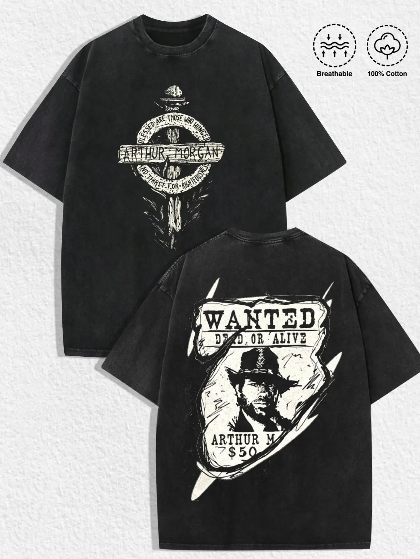 1 PCS Arthur Morgan Wanted Dead Or Alive RDR2 Western Cowboy Front & Back Distressed Graphic Print, Vintage Wild West Gamer Streetwear, Breathable Unisex Tee For Red Dead Redemption Fans Casual Street Outfit