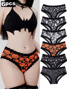 6-Pack Women's Thong Underwear, Panties, Lace Trim, Gothic Skull Print, Comfortable Casual Hipster Lingerie, Halloween Inspo, outfitinspo & baddie & halloween & lingerie & theboys, Elastic Undergarments