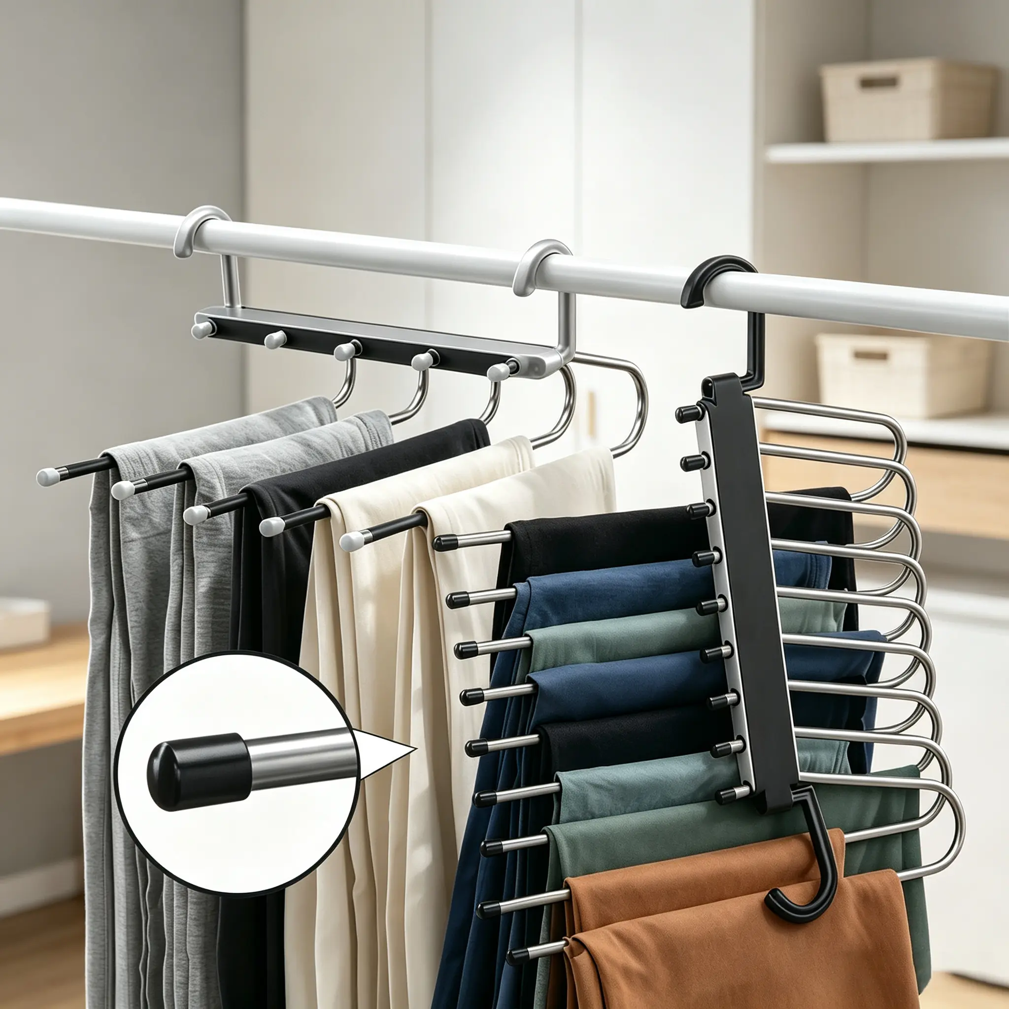 9-Tier Foldable Black Durable Scratch-Resistant Metal Pants Hanger - Stainless Steel Folding Closet Organization Tool, Multi-Layer Tiers Organizes Clothes for Jeans, Leggings, Trousers, Dresses - Space-Saving Storage for Bedroom, Toilet