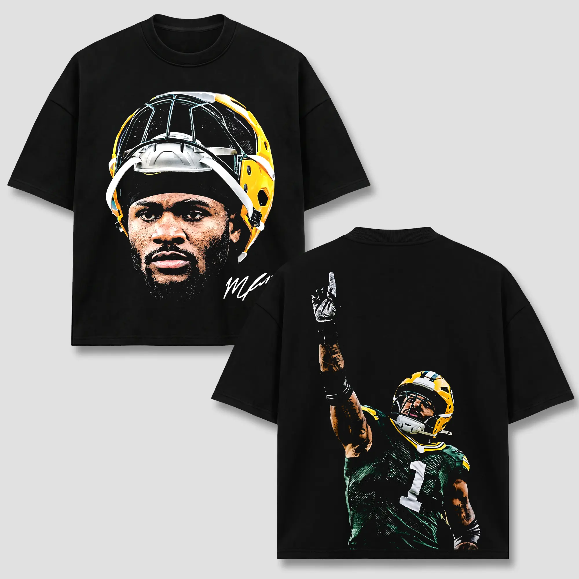 Micah Parsons #1 T-Shirt, GB Team Football Tee, GB Yellow Green Merch, Helmet Portrait Graphic Apparel, Quarterback Retro 90s, American Football Fan Heritage Gift, Men Women Heavyweight Oversized Black Clothing