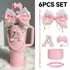 6pcs Coquette Pink Bow Accessories Set for 40oz 30oz Cup, Mug Drinkware – Includes Lace Bow, Pearl Handle Chain, Rhinestone Initial Letter Sticker, Silicone Boot & Straw Cover – Cute Tumbler Decor Gift for Women Girls, Ideal for Valentine'S Day
