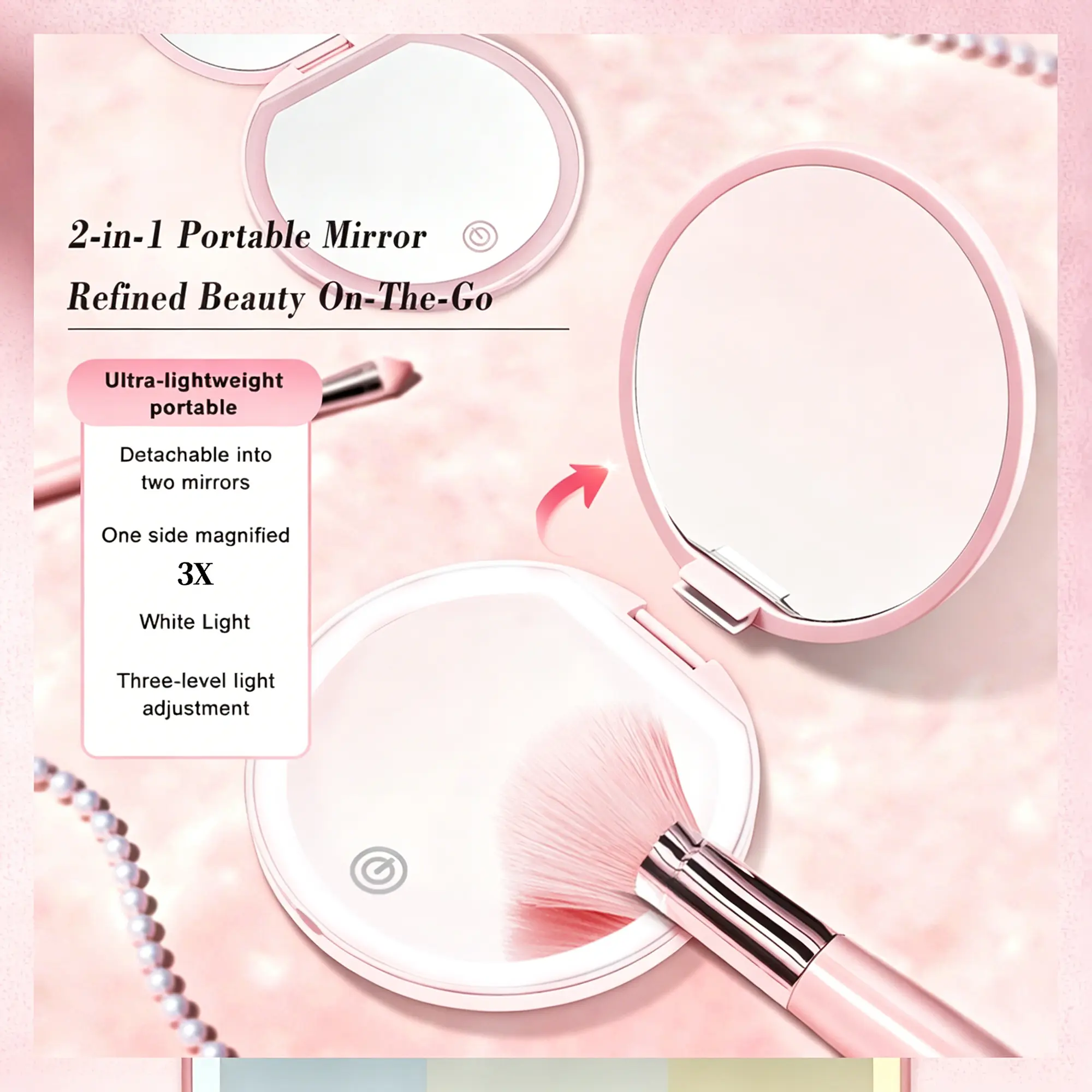 OceaNsy LED Compact Lighted Handheld Mirror - 3X Magnification, USB Charging Cable Included, Mini Pocket Mirror for Purse, Travel (Pink) size makeup tool