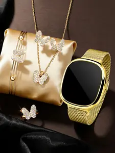 Women's LED Touchscreen Electronic Watch Set with Butterfly Bracelet Necklace Ring Earrings, Magnetic Alloy Strap, Perfect Gift