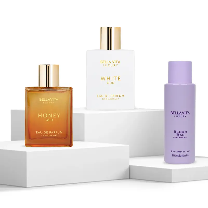 The Oud & Bloom Trinity by Bellavita Luxury | Honey Oud & White Oud Eau De Parfum & Bloom Bae Hair & Body Mist | Sweet Oud & Soft Florals | Notes of Honey & Floral Woods | Long-Lasting Fragrances & Revivable Water-Based Mist | Vegan & Cruelty-Free