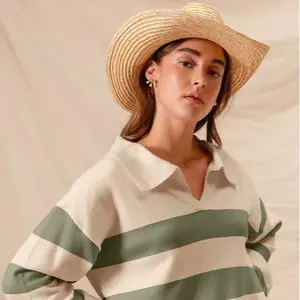Preppy Wide Stripe Ribbed Polo Sweater Top for Women Chic Knit Pullover Shirt with Green Stripes and Collared Neckline
