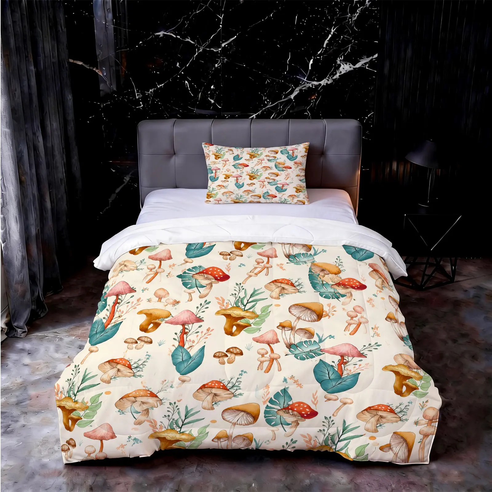 Watercolor Mushroom & Fern Print Comforter Set, Printed Bedding Set, 1 Comforter + 1/2 Pillowcases, Without Pillow Insert, Boho Forest Style Bedding Set, Soft Microfiber U-Shape Quilted All-Season Bedspread, Ideal for Bedroom Decor