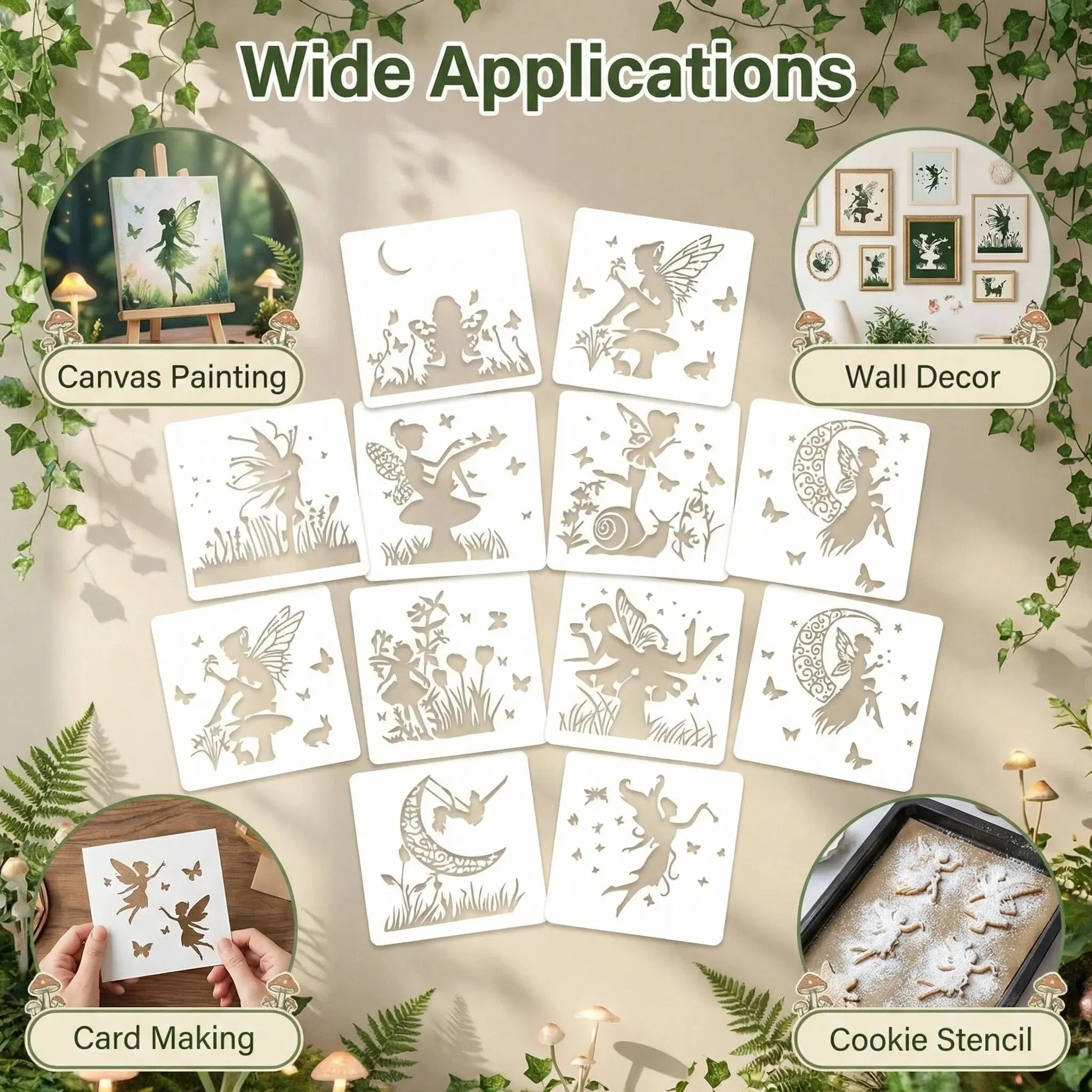 Reusable Fairy Template Set of 12, DIY Craft Supplies for Scrapbooking & Wood Painting, Plastic Art Templates for Handmade Projects