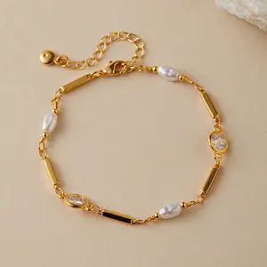 Copper Plating 18K Real Gold Color Retaining Inlaid Zircon Exquisite ABS Pearl Bracelet