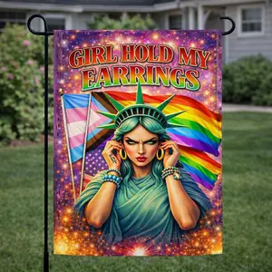 Girl Hold My Earrings Yard Flag – Pride Resistance Garden Flag, Fierce Liberty Outdoor Décor, LGBTQ Protest Lawn Flag
