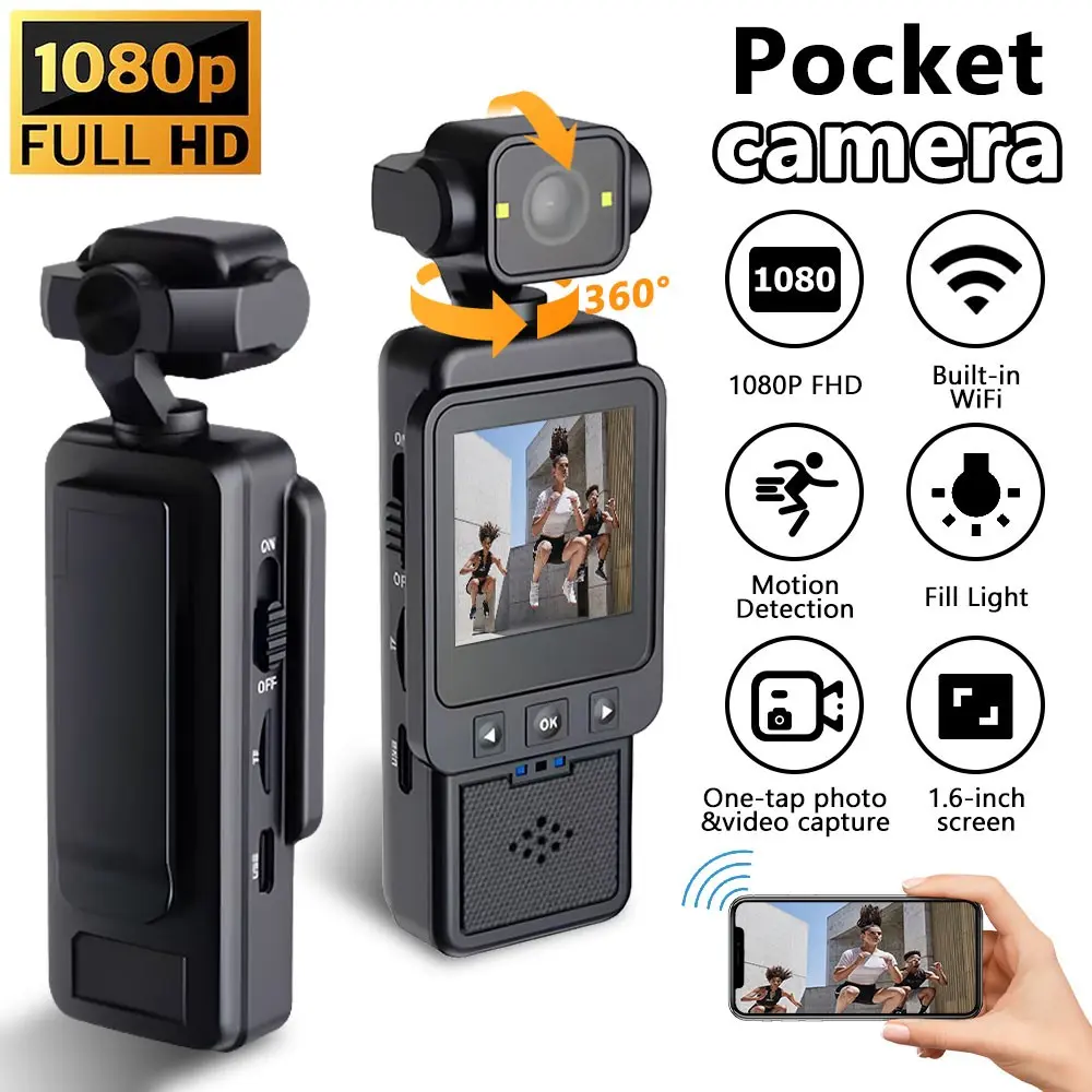 Mini Action Camera 1080P HD with WiFi, Night Vision & Anti-Shake - Rotatable Lens Portable Vlog Cam Video Blog Camera Vlogging Video Camera for Travel Sports, 1.6 Inch Screen Covert Recording Night Mode Camera Vlogging Camera