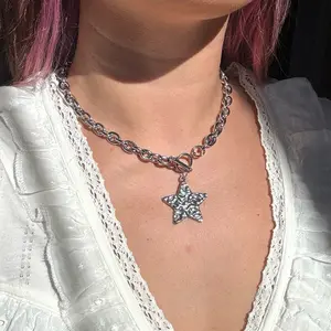 Chunky Statement Star Necklace in Silver & Gold Textured Dimensional Finish Stainless Steel Gold PVD Plated 18" Rope Chain with 2" Extender Perfect for Layering