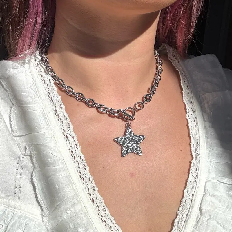 Chunky Statement Star Necklace in Silver & Gold Textured Dimensional Finish Stainless Steel Gold PVD Plated 18" Rope Chain with 2" Extender Perfect for Layering