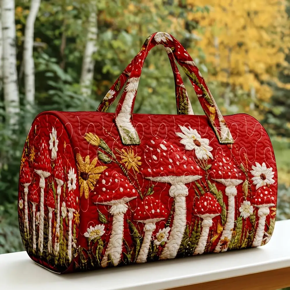 1pc Women' Large Quilted Mushroom Tote Bag with Wine Red Toadstool Print & Daisy Suitable for Overnight Weekender Travel, Spacious Rustic Forest Handbag for Road Trips, Zipper Closure, Shoulder Straps, Gift for Christmas/Halloween