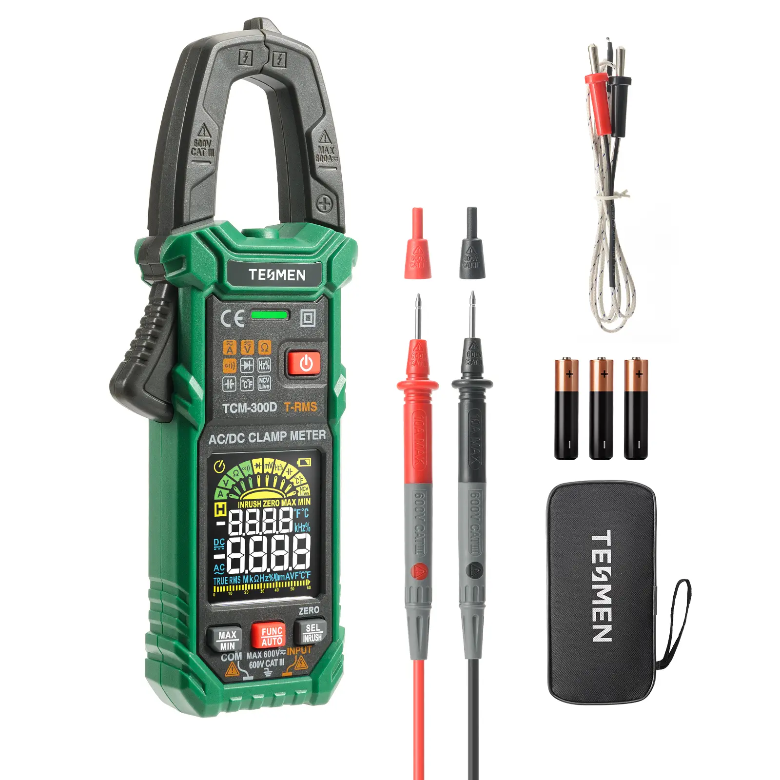 TESMEN TCM-300D Smart Clamp Meter, 6000 Counts, Smart Measurement, Auto-Ranging with AC/DC Voltmeter, Non-Contact Voltage Detection, Measures AC/DC Vo