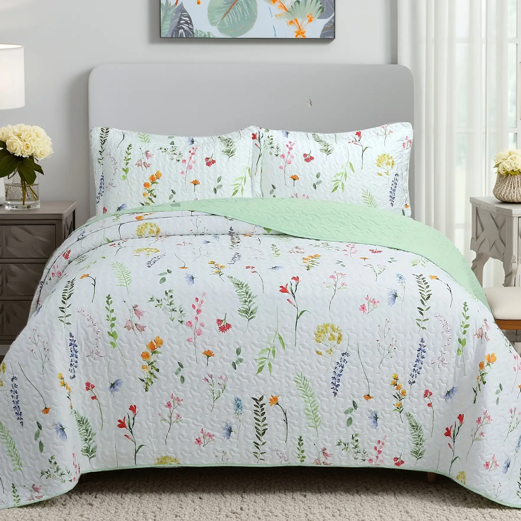 3 Pieces Floral Print Quilt Bedspread Set - Lightweight Reversible Coverlets Set for All Seasons