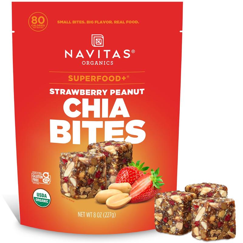 Navitas Organics Strawberry Peanut Chia Superfood+ BITES – Power Snacks – All Natural Plant Based – Clean Energy & Nutrition – USDA Organic, Non GMO, Gluten Free, Kosher, Vegan (8oz. Bag 11 Servings)