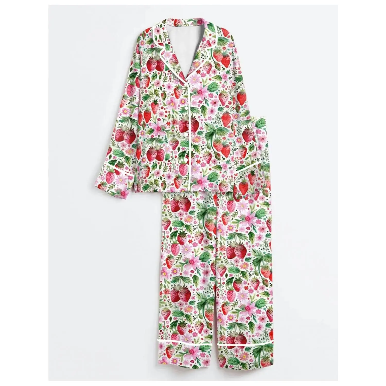 Women's Strawberry Floral Print Pajama Set, Long-Sleeved Fruit Themed Loungewear