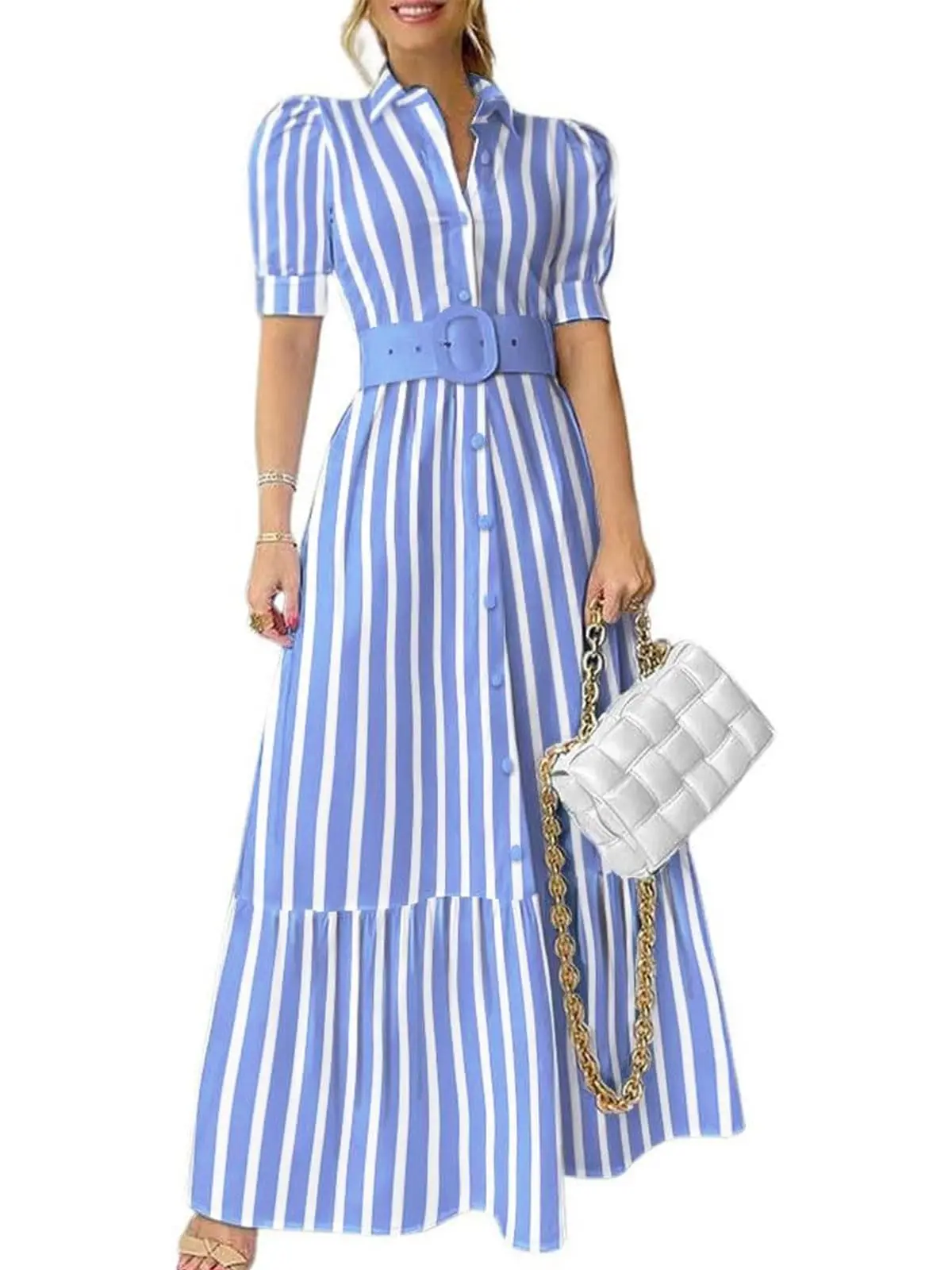 Ebossy Women's Striped Button-Down Shirt Dress, Casual Puff Short-Sleeve Ruffle Hem Maxi Dress with Belt for Summer-Spring Casual Wear, Blue Womenswear Stripe Pattern Design