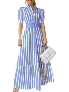 【New Arrival】Ebossy Womens Striped Button Down Shirt Dress Casual Puff Short Sleeve Ruffle Hem Maxi Dresses with Belt