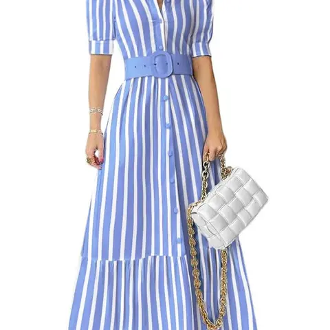 Ebossy Women's Chic Striped Button-Down Maxi Shirt Dress - Puff Short-Sleeves, Ruffled Hem, Belted High Waist, Soft Cotton, Hand Washable, Fitted Slim Line, M Size, Business-Casual Spring-Summer Wear for Birthday, Beach, Blue Womenswear