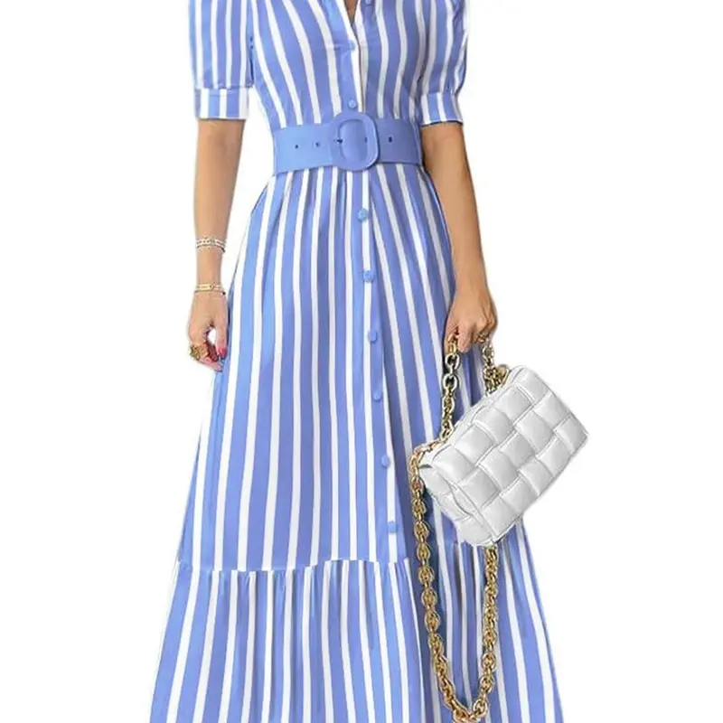 Ebossy Women's Chic Striped Button-Down Maxi Shirt Dress - Puff Short-Sleeves, Ruffled Hem, Belted High Waist, Soft Cotton, Hand Washable, Fitted Slim Line, M Size, Business-Casual Spring-Summer Wear for Birthday, Beach, Blue Womenswear