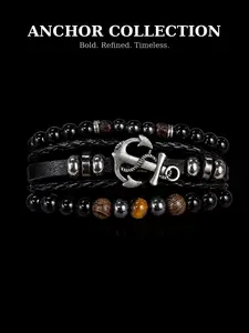 3-Piece Mens Bracelet Set, Anchor Leather Bracelet, Beaded Bracelet, Woven Leather Bracelet, Vintage Nautical Punk Style, Adjustable Fit, Perfect Gift