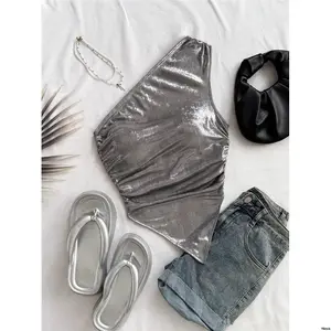 Bohemian Vacation SoleiaOneShoulderRuchedAsymmetricDesignSilverCoatedFabricWomenTop SuitableForHoliday Date AfternoonTea MusicFestival