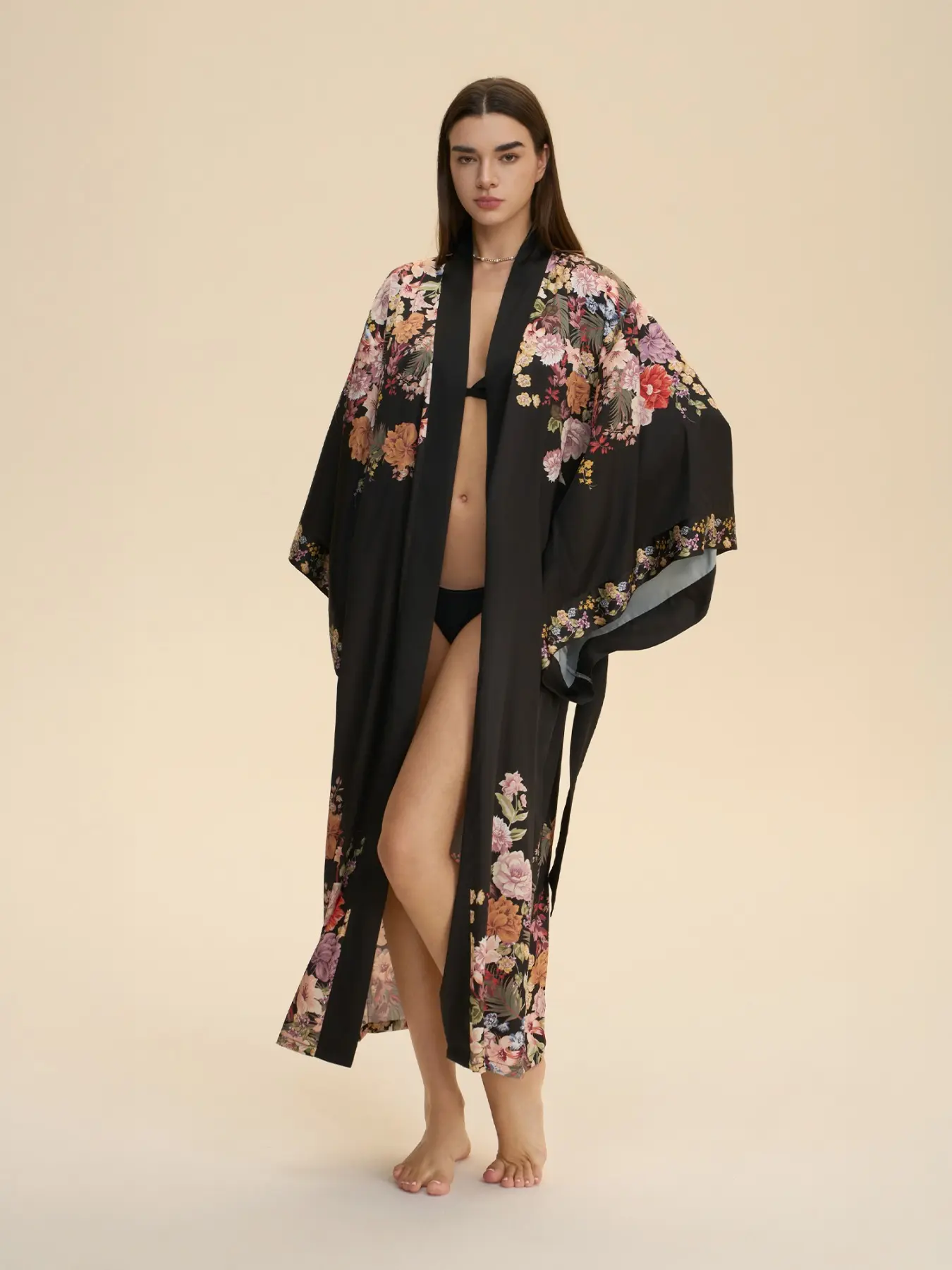 Elegant Floral Cherry Blossom Print Long Sleeve Shiny Satin Silk Bathrobe Sleepwear Loungewear, Soft Luxurious Women's Robe, Perfect Gift for Girlfriend/mother