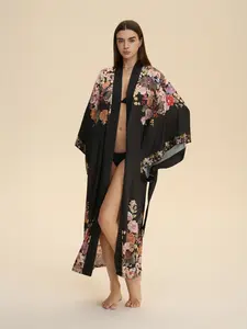Elegant Floral Cherry Blossom Print Long Sleeve Satin Silk Bathrobe Sleepwear, Soft Luxurious Women's Robe, Perfect Gift for Girlfriend/mother