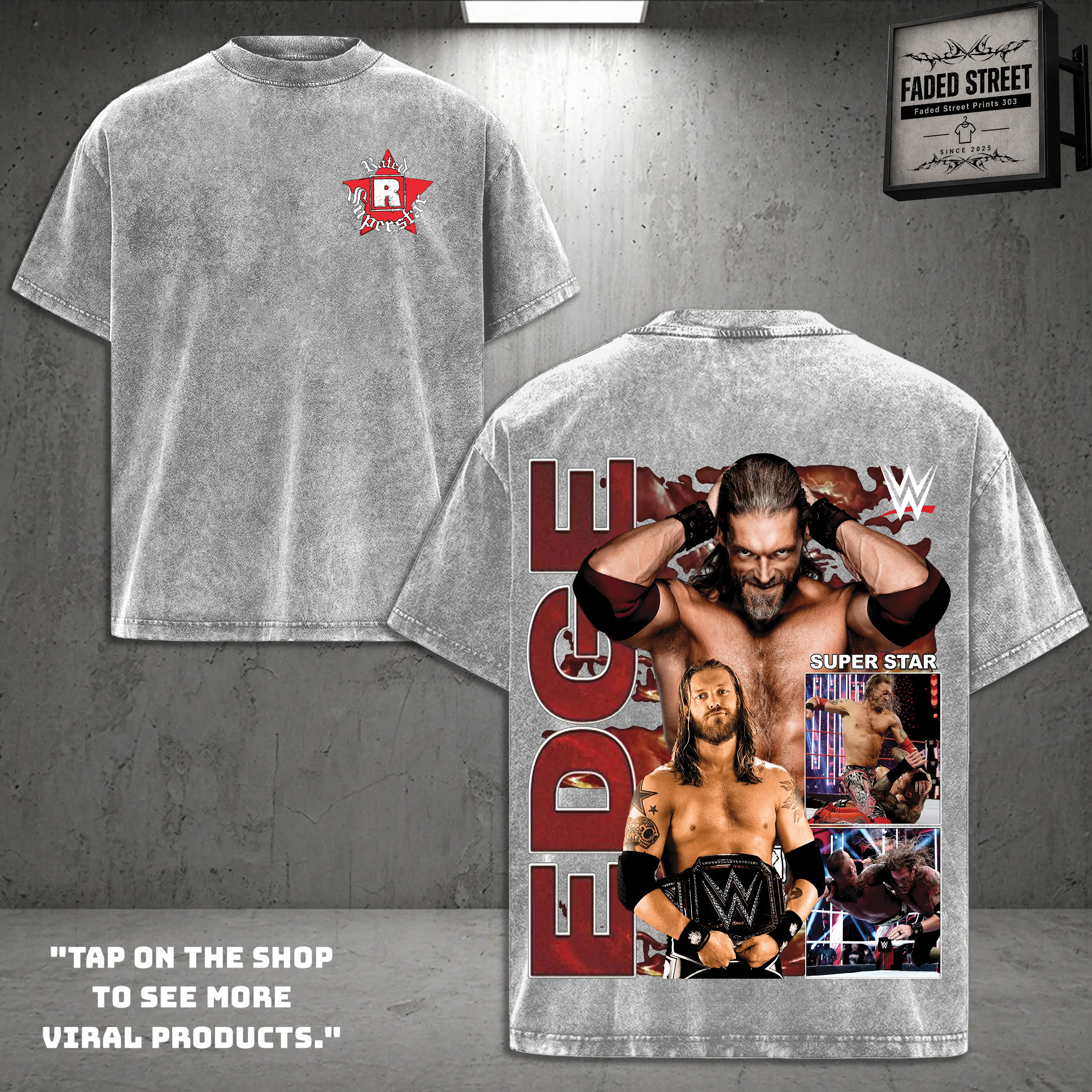 EDGE Washed T-Shirt Wrestling Shirt WWE Fans WWE Tee Menswear Cotton Crewneck Premium American Made Acid Washed 100% Cotton