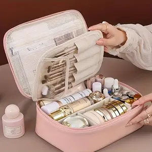 Multi-layer Large Capacity Detachable Makeup Bag, Faux Leather Travel Cosmetic Organizer, with Brush Storage, Universal Portable Beauty Essentials Storage Bag, Travel Cosmetic Bags, Makeup Organizer Pouch, Suitable for Men and Women