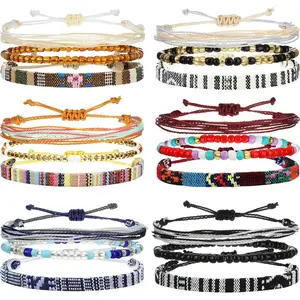 18 Pcs Boho Surfer Bracelet Anklet Adjustable Beaded Anklets Handmade Braided Bracelet Colorful Summer Beach String Rope Boho Jewelry for Women Men