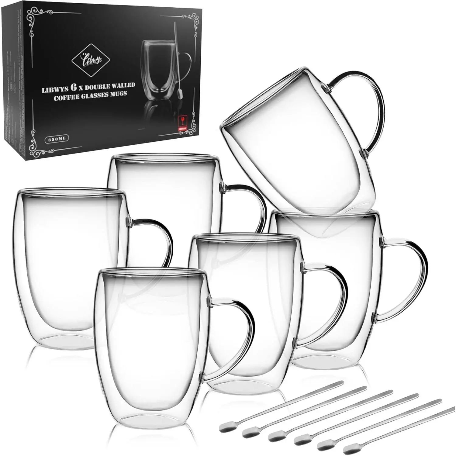 6 Pack Double Walled 12oz 350ml Clear Glass Coffee Mugs with Handle, Heat Resistant Borosilicate Cups for Espresso Cappuccino Latte Tea