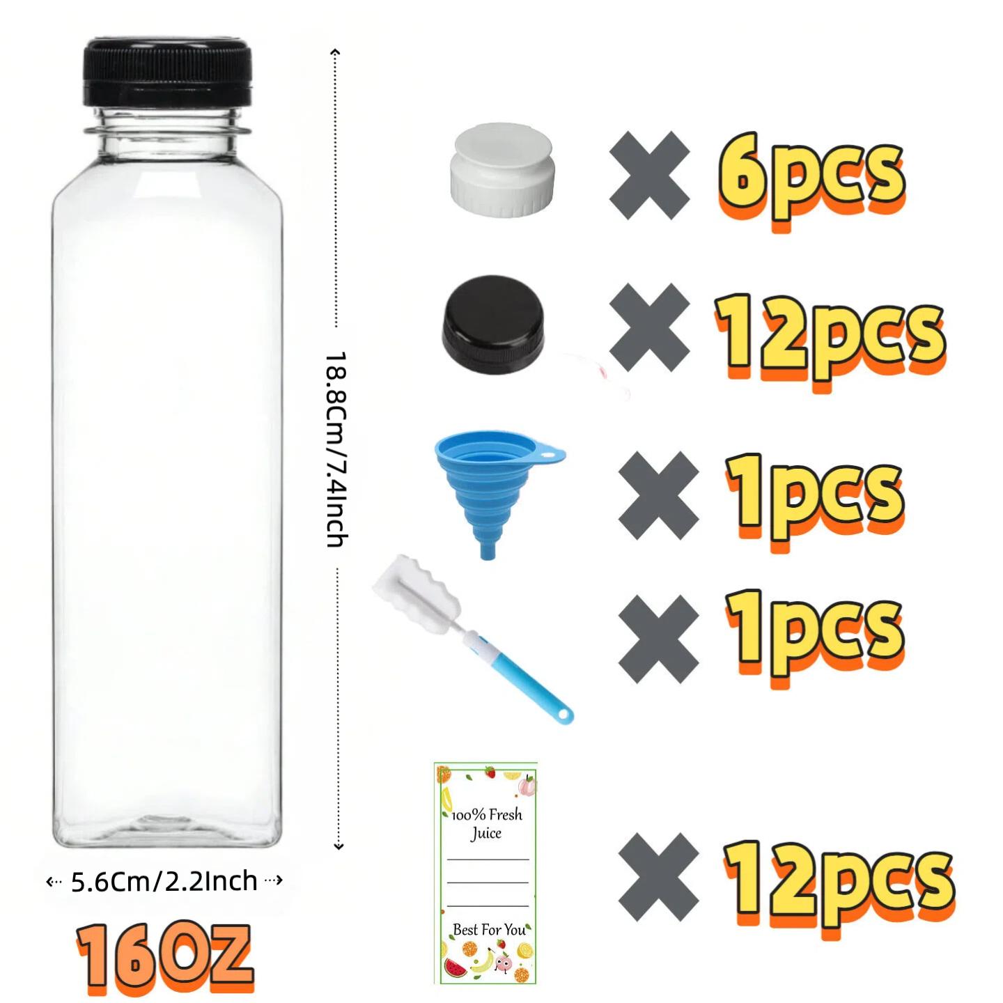 12-Pack Large-Capacity Refillable Square Plastic Storage Bottles & Canisters Set, 16oz BPA-Free with Leakproof Screw Lids, Transparent Flexible Squeeze Tubes, Silicone Spouts, Dual Canister Brush for Juicing, Homemade Drinks