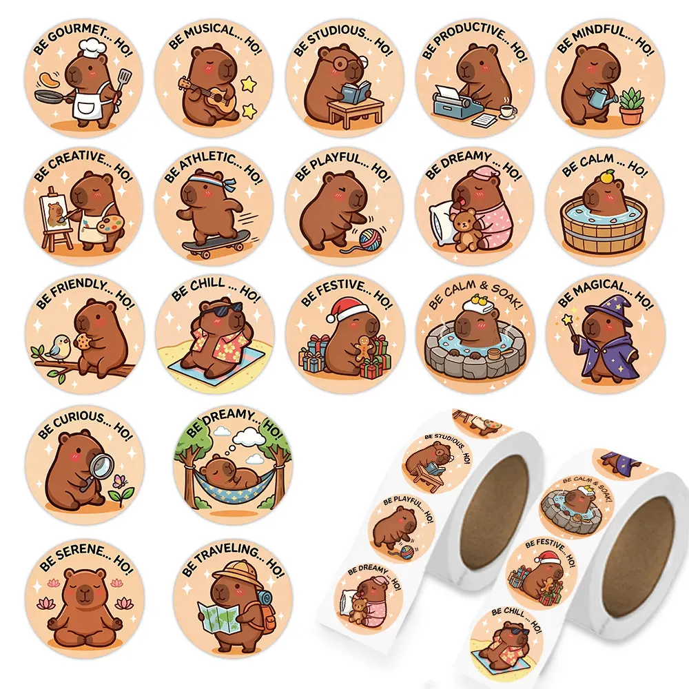 500Pcs Cute Capybara Roll Stickers, Positive Vibe Decor Decals, Perfect Gift for Journal Scrapbook Laptop Cup Car Decoration