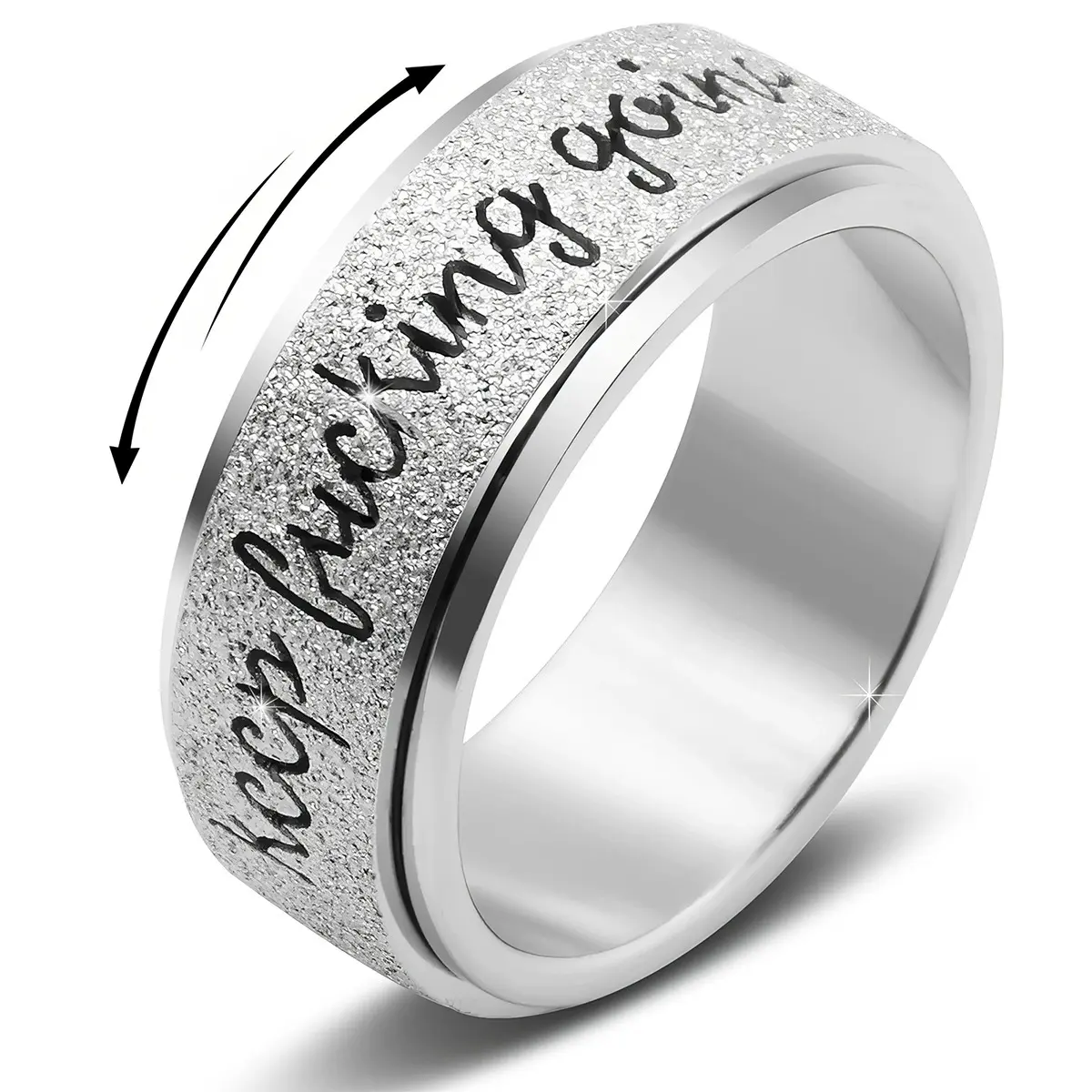 Motivational Spinner Ring for Men & Women, Engraved "Keep Fvcking Going" Titanium Steel Band Ring, Rotating Fidget Jewelry, Comfortable Daily Wear, Tarnish Resistant, Sizes 6-9