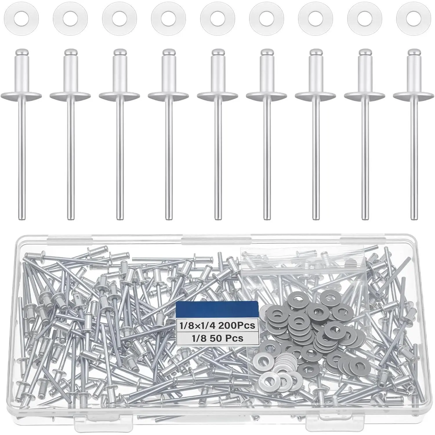 Safety Blind Pop Rivets Kit (250-Count, 1/8"x1/4" 3.2x6.4mm) with Stainless Steel Washers, Secure Fit Easy-Installation Fasteners for DIY, Indoor/Outdoor Smooth Surfaces Use
