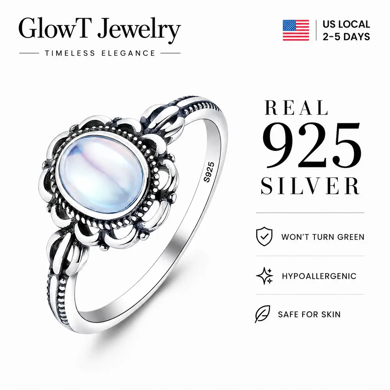 925 Sterling Silver Vintage Moonstone Statement Ring | Oxidized Filigree Boho Band for Women  Comfort Fit, Lead & Nickel-Free for Sensitive Skin