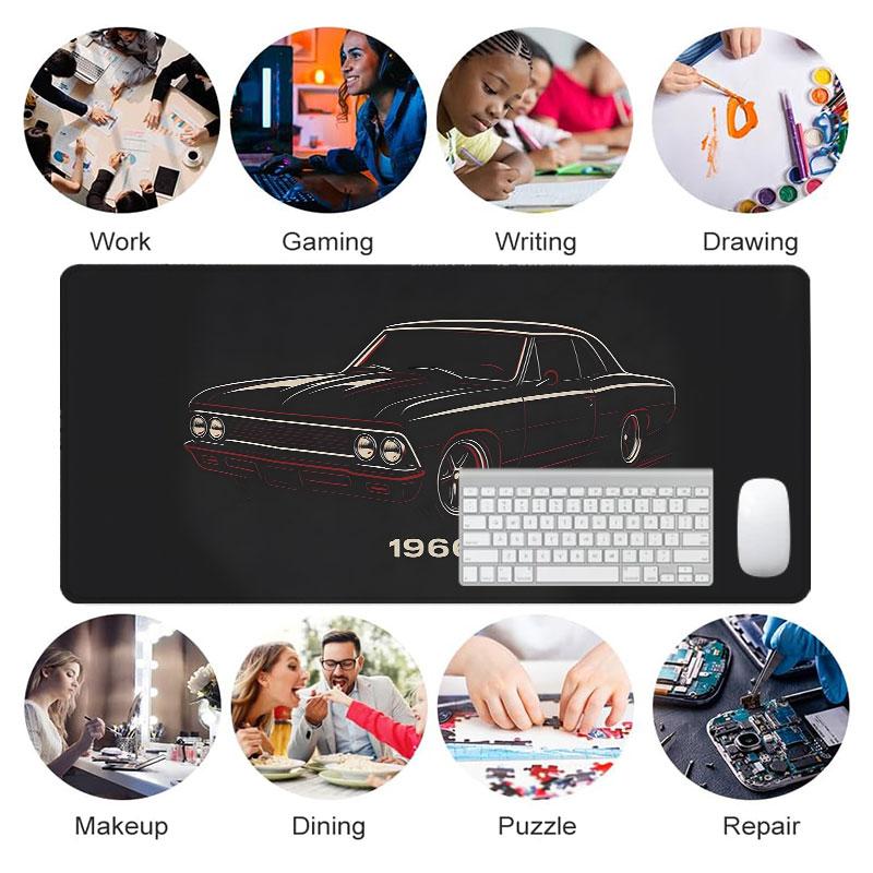 Classic black muscle car large-sized gaming mouse pad, vintage automotive design desktop protection pad, anti-slip rubber lock edge high-definition printing, suitable for computers, laptops, offices, homes, schools, as a gift for family and friends.
