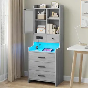 Sikaic Modern Engineered Wood LED Tall Nightstand - Bedroom Dresser Table, Grey Accent Side Table with Glass Door Storage, RGB Lights, USB Charging Station