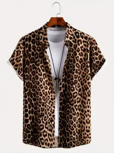 Men's Leopard Print Short Sleeve Button-Up Shirt, Perfect for Outdoor Activities and Casual Vacation Wear, Stylish Men's Clothing