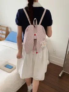 New Rabbit Ears Polka Dot Backpack, Cute Korean Style Student Bag, Large Capacity Commuter Backpack, Soft Adorable Bunny Shoulder Bag