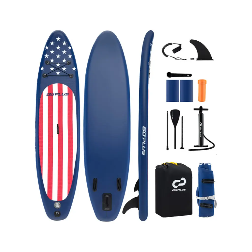 Summerwins 10ft Unisex Inflatable Paddle Board - Patriotic American Flag Design Laminated PVC SUP, 300lbs Capacity, Non-Slip EVA Deck, Triple Fins, Adjustable Gear, Pump, Backpack, Repair Kit Complete Set for Ocean/Lake