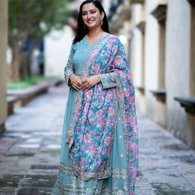 Royal Pastel Blue Anarkali with Floral Dupatta