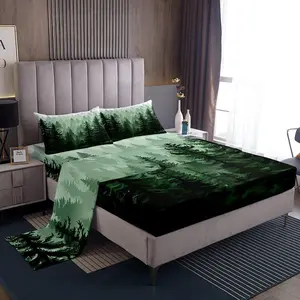 Feelyou Microfiber Bed Sheets Set - Fog Forest Watercolor Green Botanical Pine Tree Bedding, Deep Pocket Secure Fitted Sheets, Breathable Fabric, Easy Care, Soft Bedding for Kids, Elegant Design, Soft Bedding Sheet