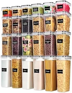 Food Storage Containers with Lids, Vtopmart 24 pcs Plastic Kitchen and Pantry Organization Canisters for Cereal, Dry Food, Flour and Sugar, BPA Free, Includes 24 Labels，Black