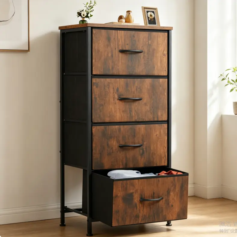 Wooden Top Sturdy Floor-Standing Small Nightstand - 4 Fabric Drawers, Adjustable Bedroom Bedside End Table, Assembly-Required Cabinet for Closet, Entryway